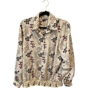 Alfred Dunner Button Up Blouse Ivory Geometric Womens‎ Size 16 Elastic Waist Vtg